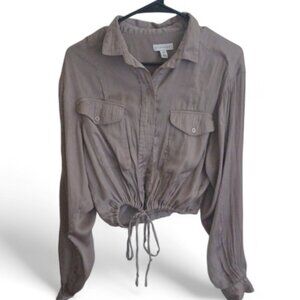 Topshop Satin Button-Up Tie Crop Long Sleeve Blouse